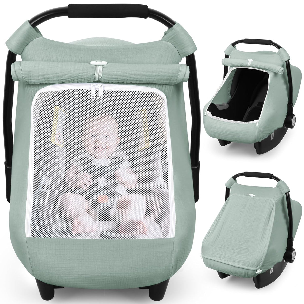 Baby Car Seat Cover Girl, Muslin Mesh Window Infant Carseat Canopy