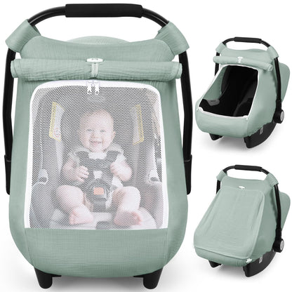 Baby Car Seat Cover Girl, Muslin Mesh Window Infant Carseat Canopy
