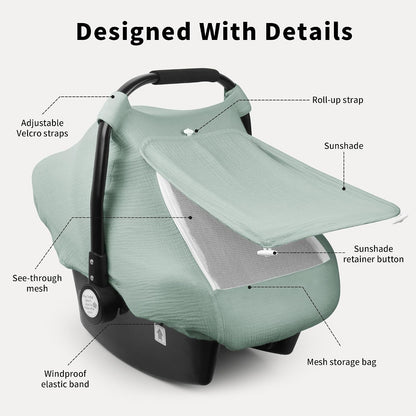 Baby Car Seat Cover Girl, Muslin Mesh Window Infant Carseat Canopy