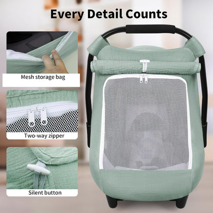 Baby Car Seat Cover Girl, Muslin Mesh Window Infant Carseat Canopy