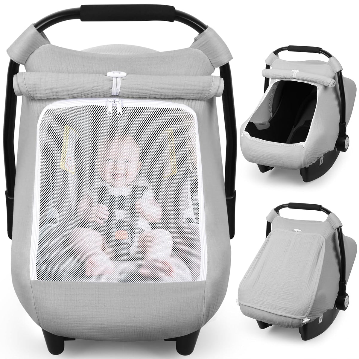 Baby Car Seat Cover Girl, Muslin Mesh Window Infant Carseat Canopy