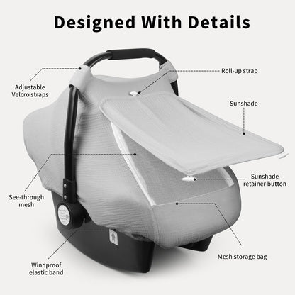 Baby Car Seat Cover Girl, Muslin Mesh Window Infant Carseat Canopy