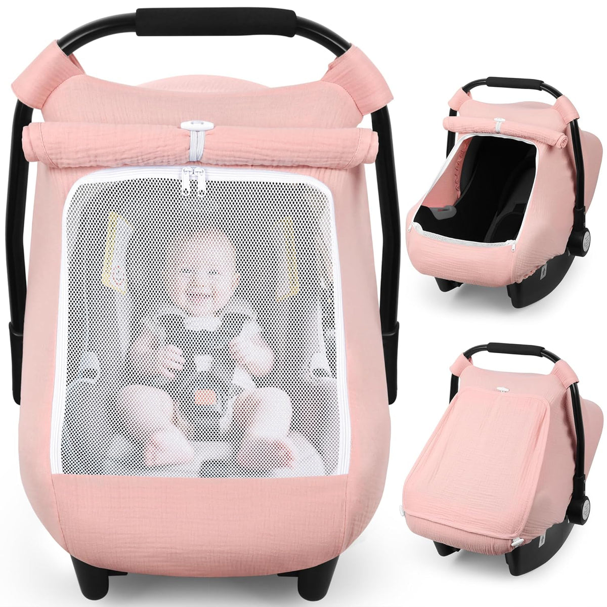 Baby Car Seat Cover Girl, Muslin Mesh Window Infant Carseat Canopy