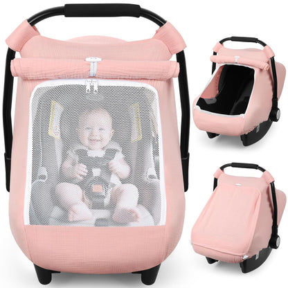 Baby Car Seat Cover Girl, Muslin Mesh Window Infant Carseat Canopy