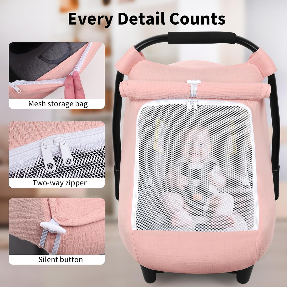 Baby Car Seat Cover Girl, Muslin Mesh Window Infant Carseat Canopy