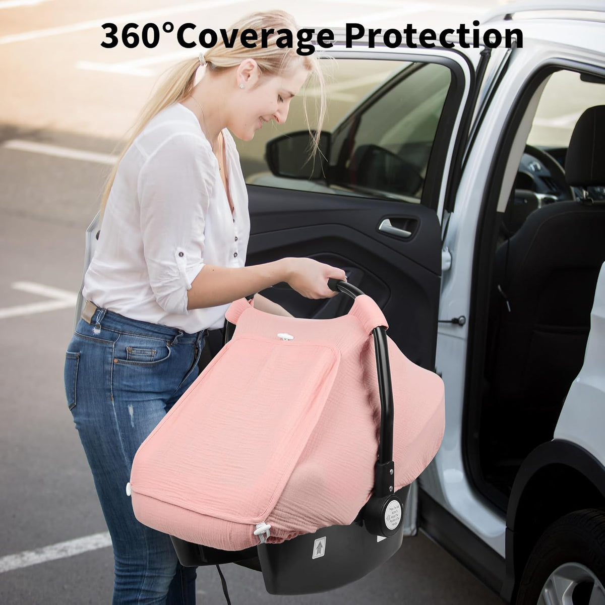 Baby Car Seat Cover Girl, Muslin Mesh Window Infant Carseat Canopy