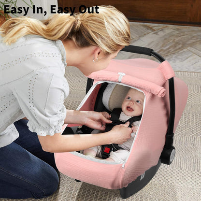 Baby Car Seat Cover Girl, Muslin Mesh Window Infant Carseat Canopy