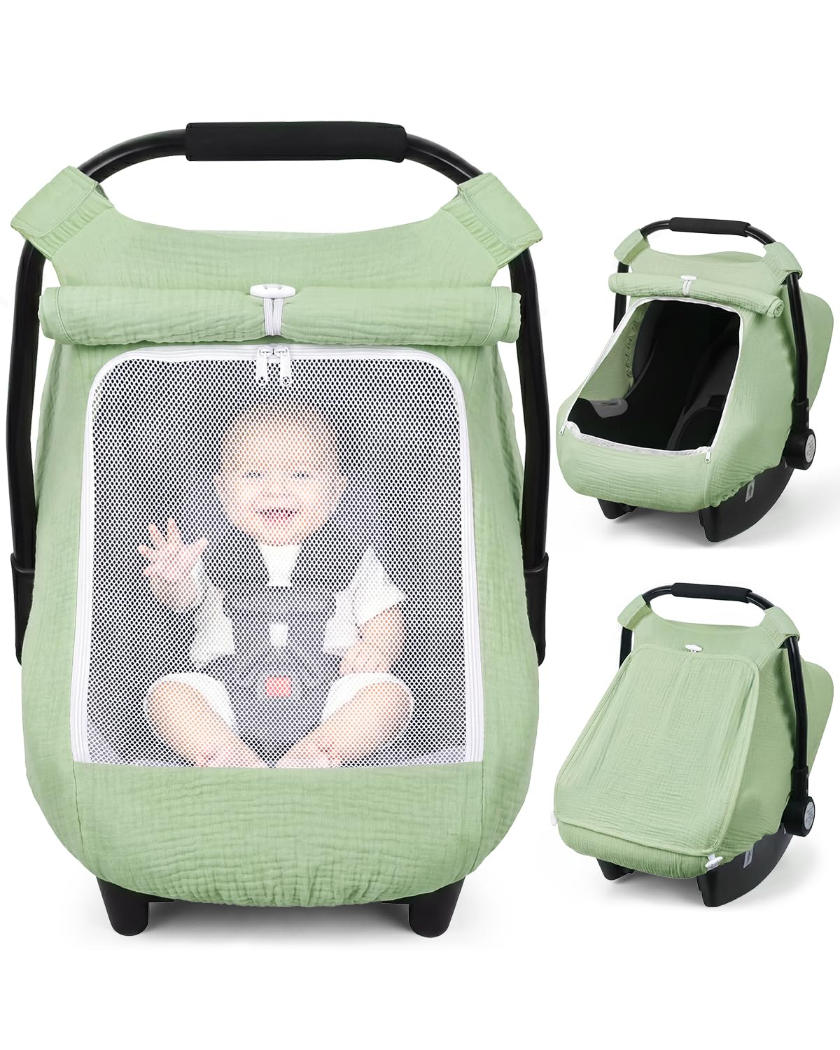 Baby Car Seat Cover Girl, Muslin Mesh Window Infant Carseat Canopy