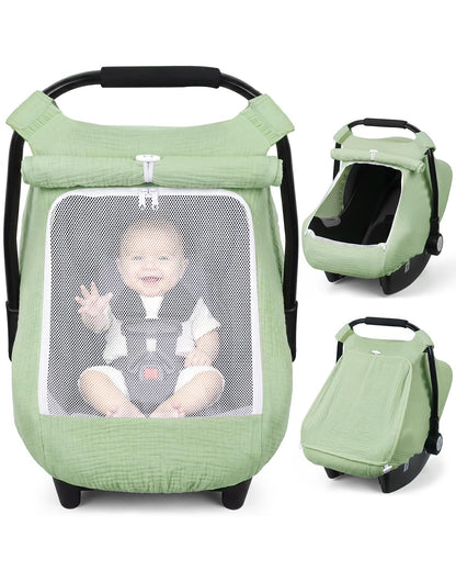Baby Car Seat Cover Girl, Muslin Mesh Window Infant Carseat Canopy