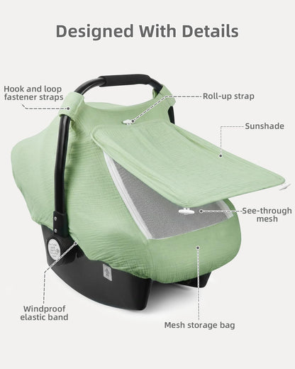 Baby Car Seat Cover Girl, Muslin Mesh Window Infant Carseat Canopy