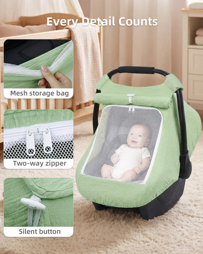 Baby Car Seat Cover Girl, Muslin Mesh Window Infant Carseat Canopy