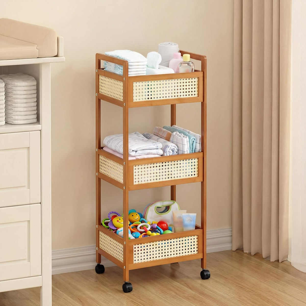 Cinnvoice 3 Tier Bamboo Resin Rolling Diaper Caddy, Boho Mobile Baby Storage Organizer Cart with Locking Wheels for Nursery and Home