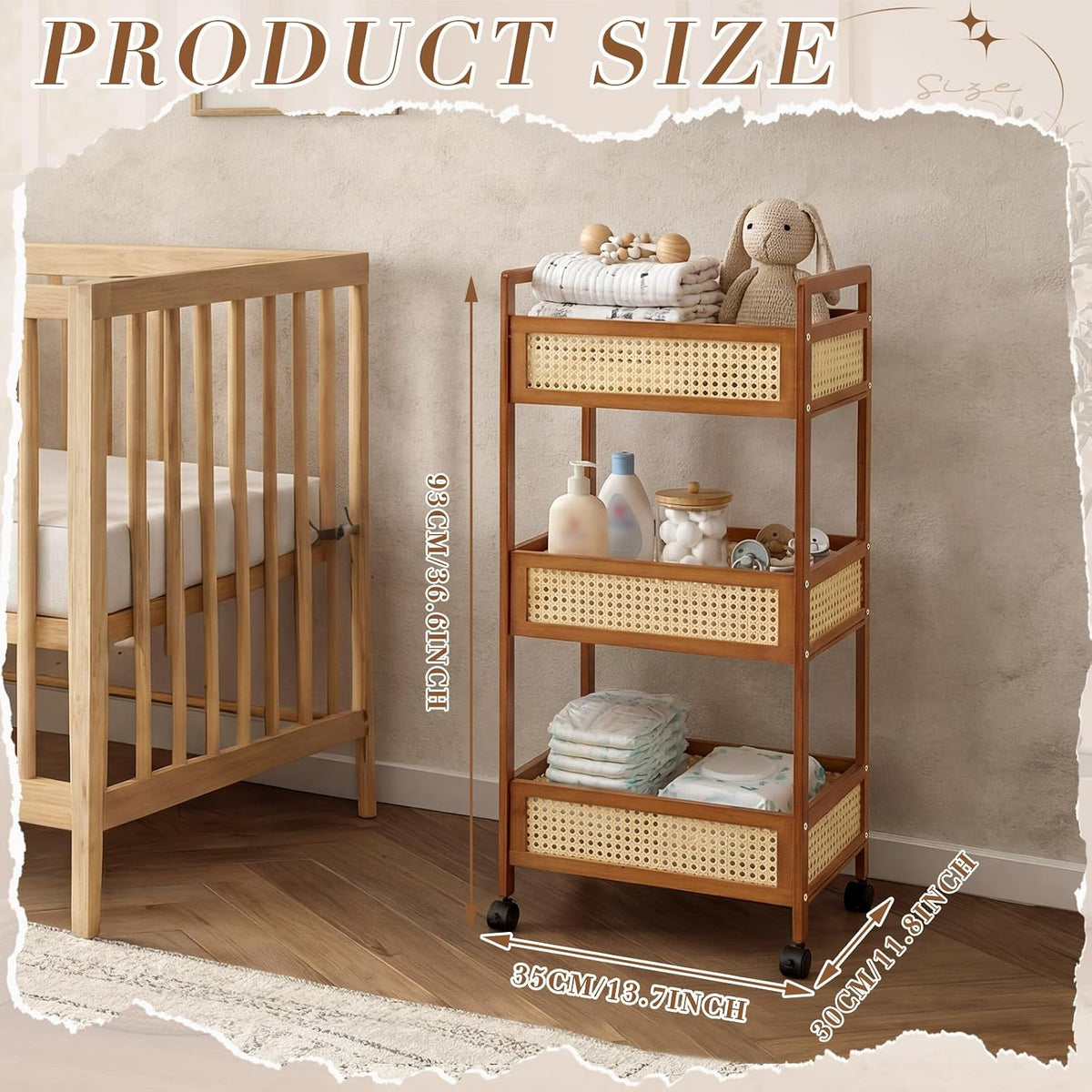 Cinnvoice 3 Tier Bamboo Resin Rolling Diaper Caddy, Boho Mobile Baby Storage Organizer Cart with Locking Wheels for Nursery and Home