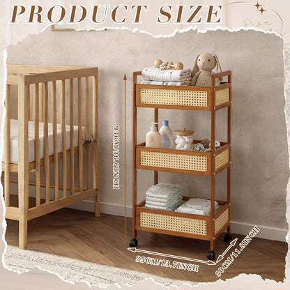 Cinnvoice 3 Tier Bamboo Resin Rolling Diaper Caddy, Boho Mobile Baby Storage Organizer Cart with Locking Wheels for Nursery and Home