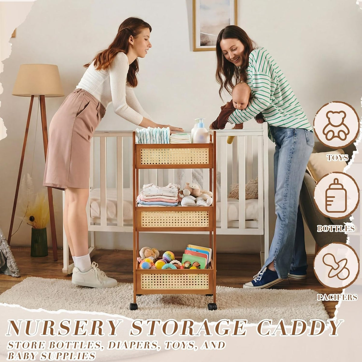 Cinnvoice 3 Tier Bamboo Resin Rolling Diaper Caddy, Boho Mobile Baby Storage Organizer Cart with Locking Wheels for Nursery and Home