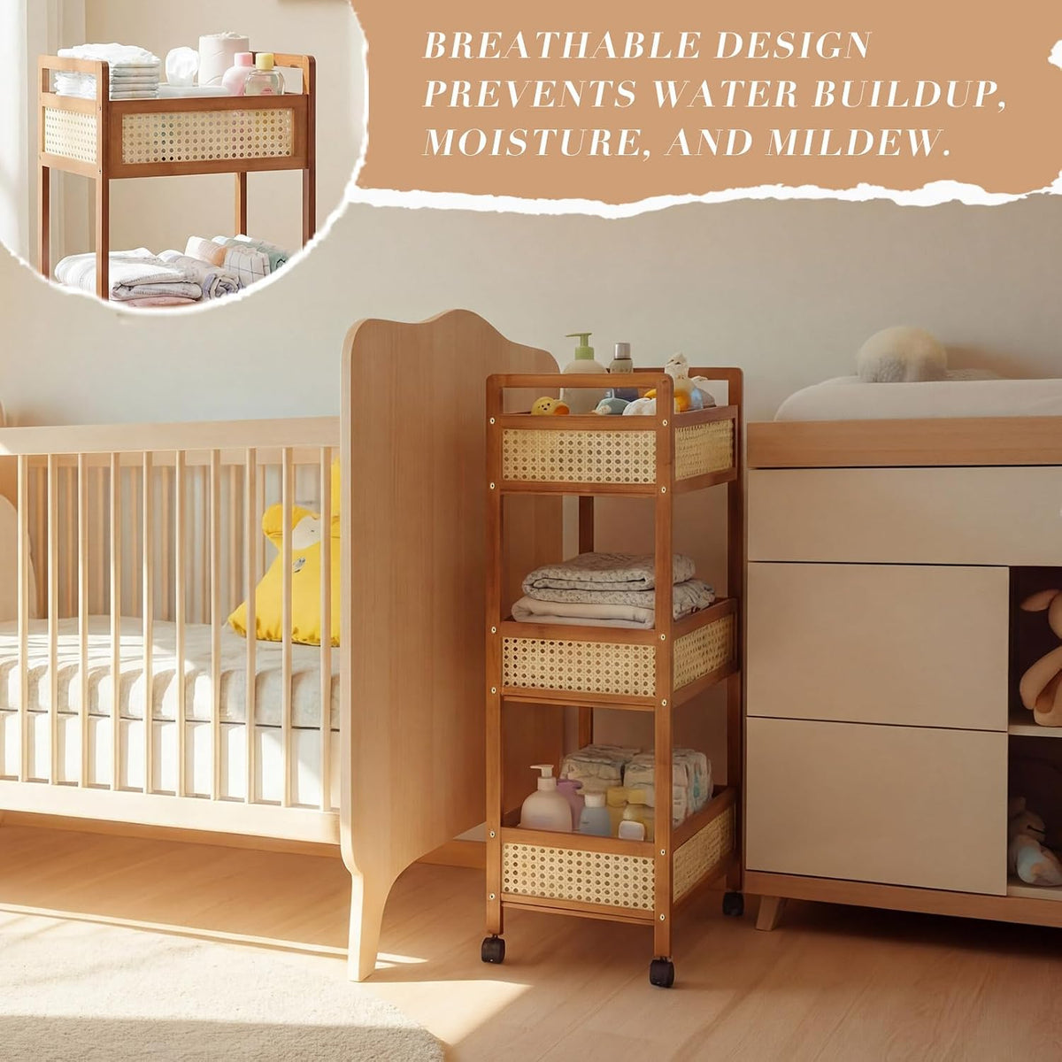 Cinnvoice 3 Tier Bamboo Resin Rolling Diaper Caddy, Boho Mobile Baby Storage Organizer Cart with Locking Wheels for Nursery and Home