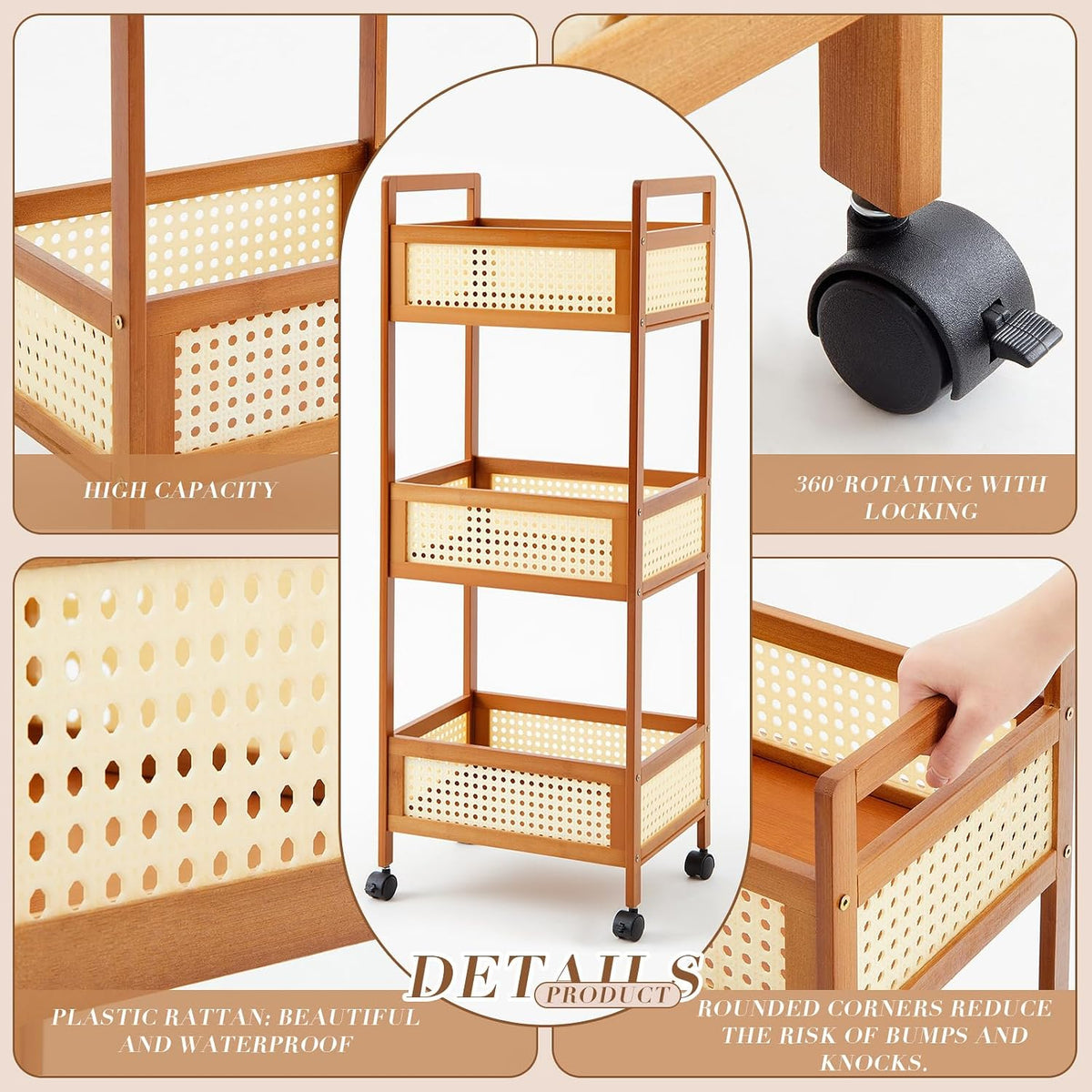 Cinnvoice 3 Tier Bamboo Resin Rolling Diaper Caddy, Boho Mobile Baby Storage Organizer Cart with Locking Wheels for Nursery and Home