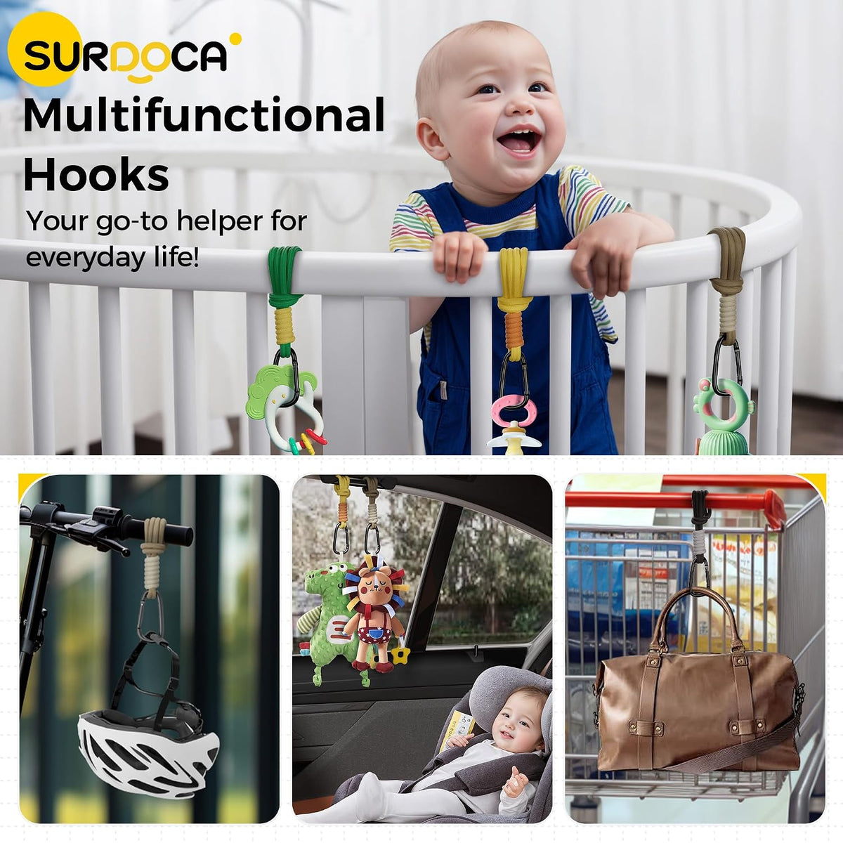 Baby Stroller Hooks, Stroller Clips and Hooks for Diaper Bag, Mommy Bag Hook for Stroller Heavy Duty, Universal Stroller Hanger and Strap