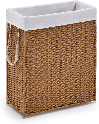 Slim Laundry Hamper, Handwoven Natural Water Hyacinth Basket