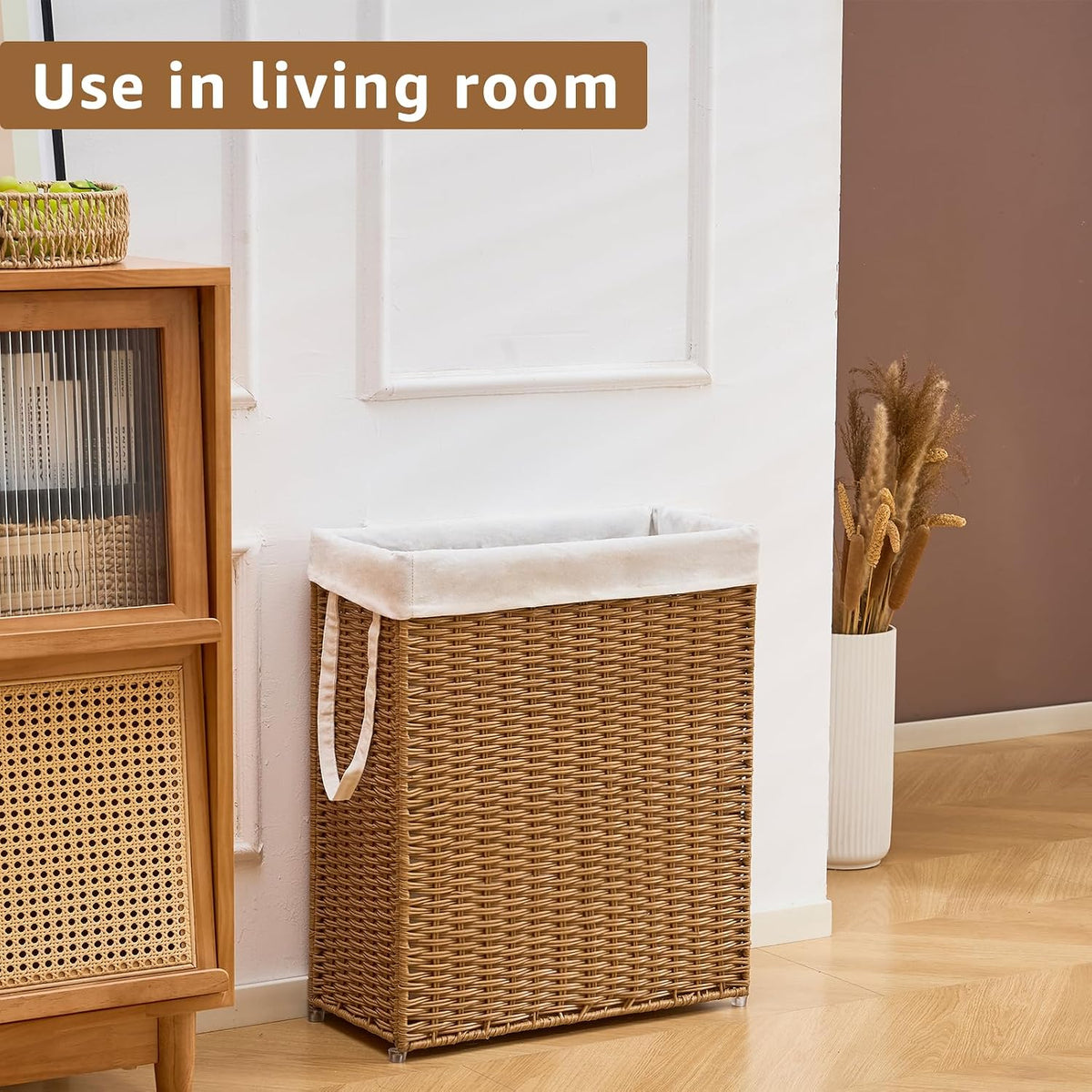 Slim Laundry Hamper, Handwoven Natural Water Hyacinth Basket