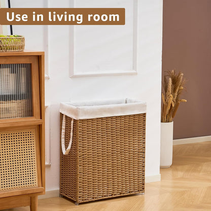 Slim Laundry Hamper, Handwoven Natural Water Hyacinth Basket