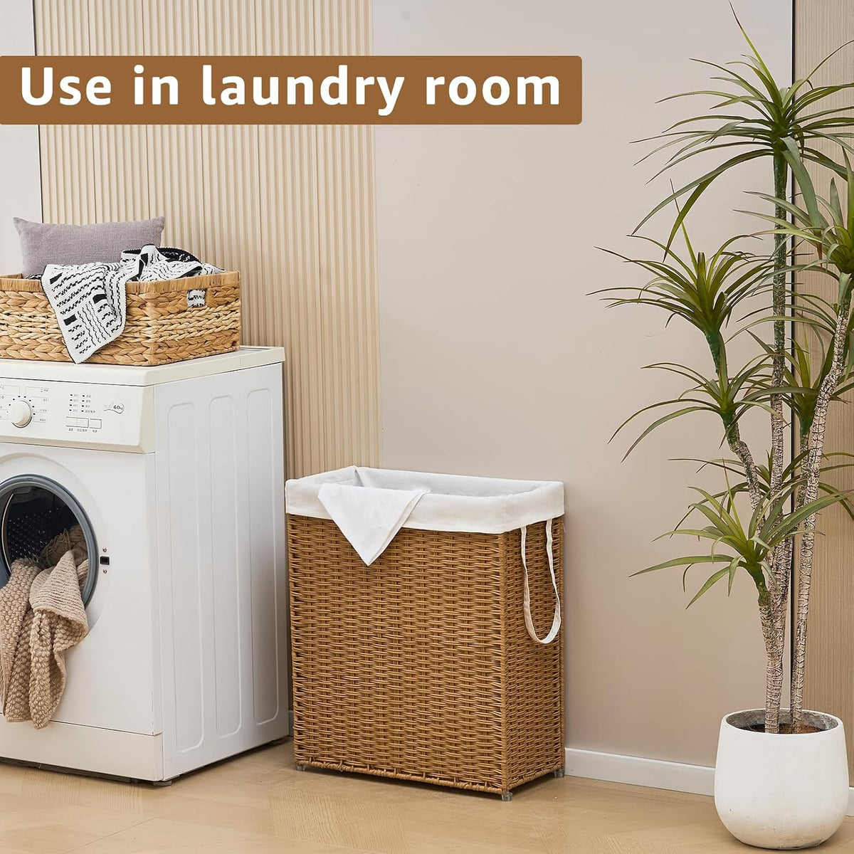 Slim Laundry Hamper, Handwoven Natural Water Hyacinth Basket