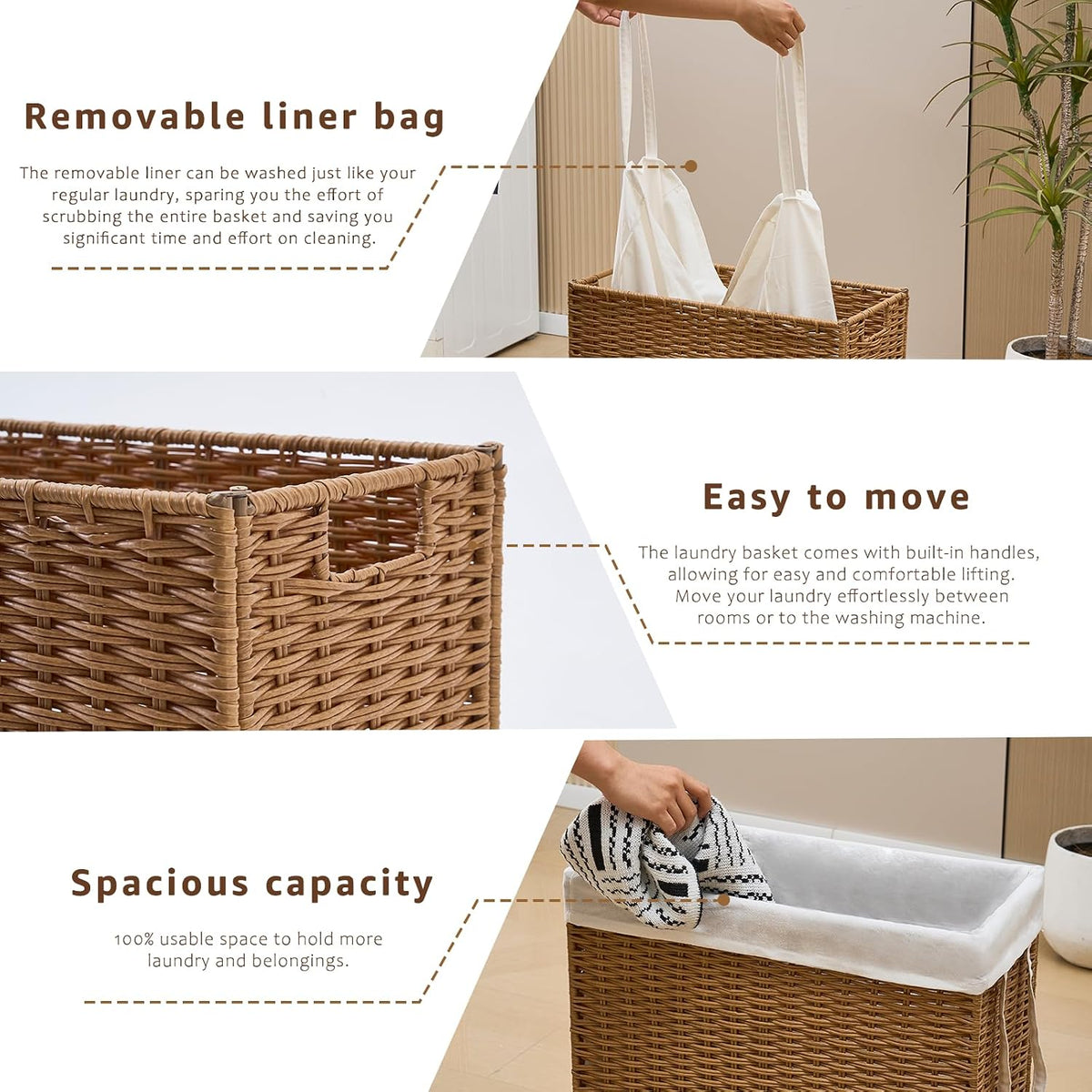 Slim Laundry Hamper, Handwoven Natural Water Hyacinth Basket