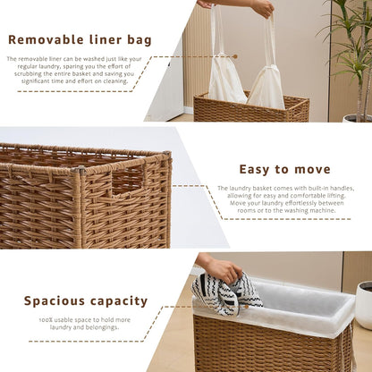 Slim Laundry Hamper, Handwoven Natural Water Hyacinth Basket