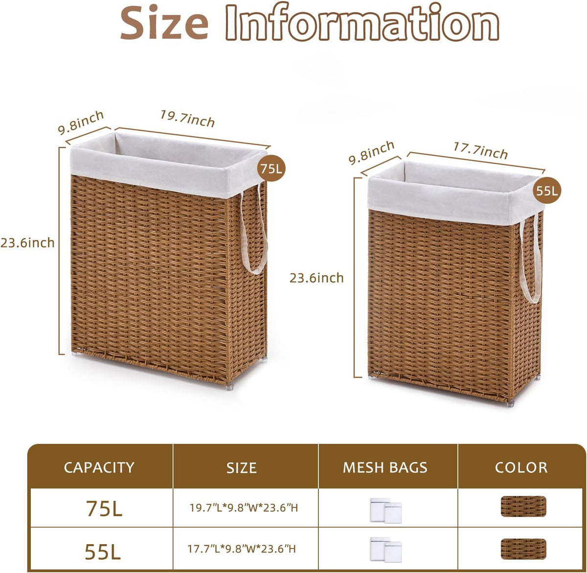 Slim Laundry Hamper, Handwoven Natural Water Hyacinth Basket
