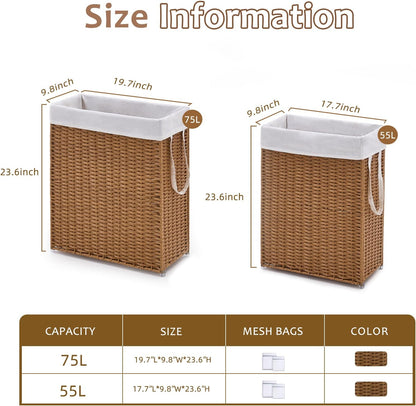 Slim Laundry Hamper, Handwoven Natural Water Hyacinth Basket