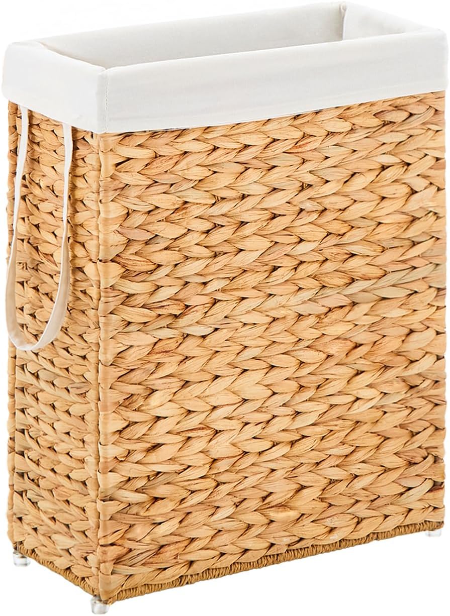 Slim Laundry Hamper, Handwoven Natural Water Hyacinth Basket