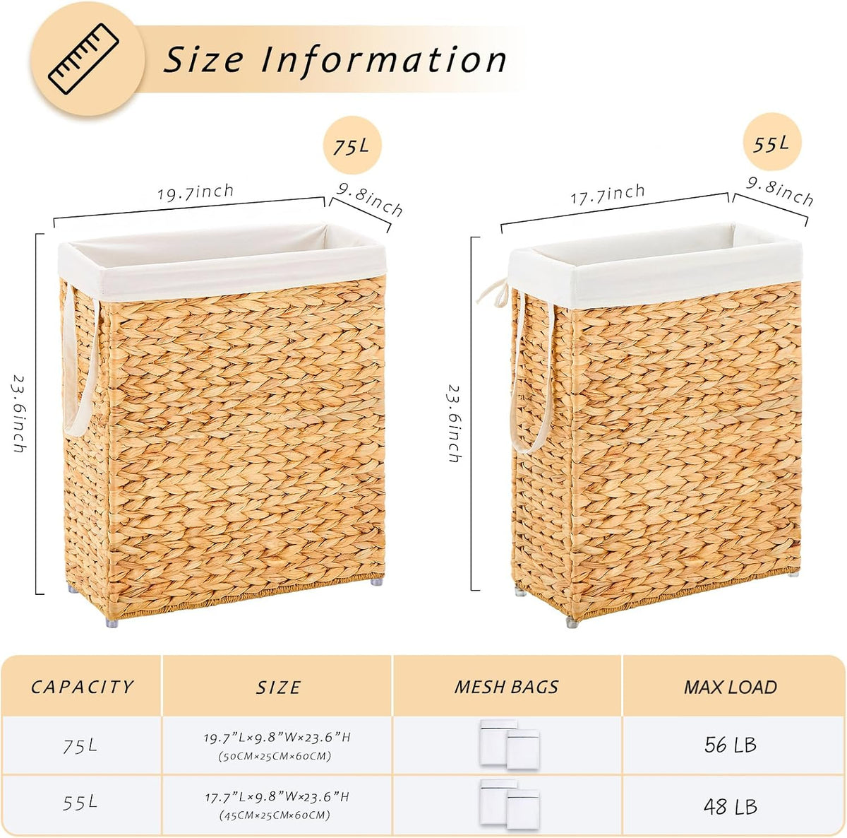Slim Laundry Hamper, Handwoven Natural Water Hyacinth Basket