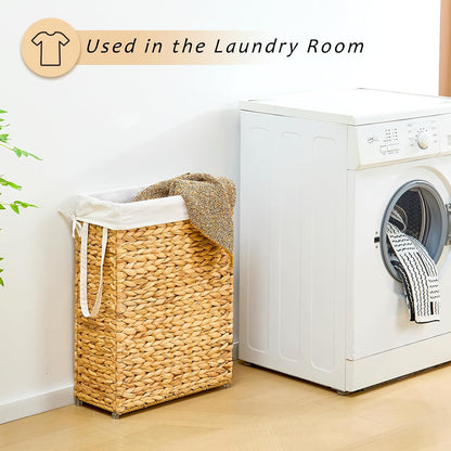Slim Laundry Hamper, Handwoven Natural Water Hyacinth Basket