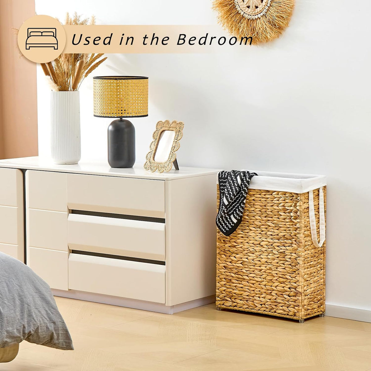Slim Laundry Hamper, Handwoven Natural Water Hyacinth Basket