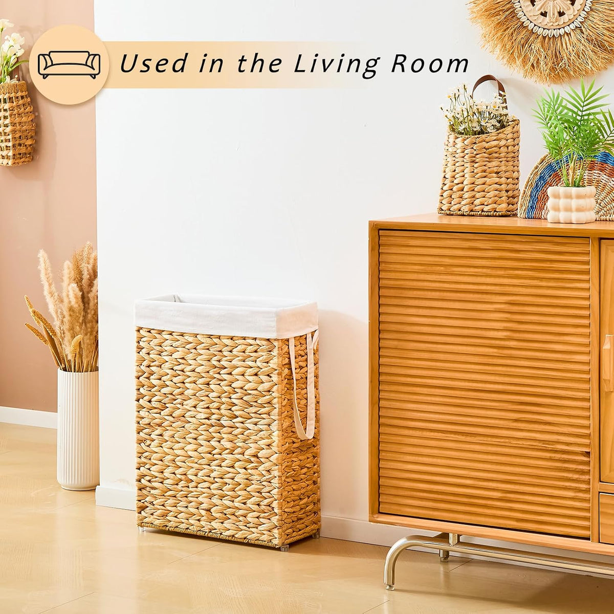 Slim Laundry Hamper, Handwoven Natural Water Hyacinth Basket