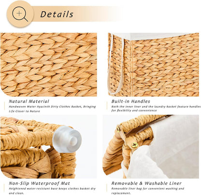Slim Laundry Hamper, Handwoven Natural Water Hyacinth Basket
