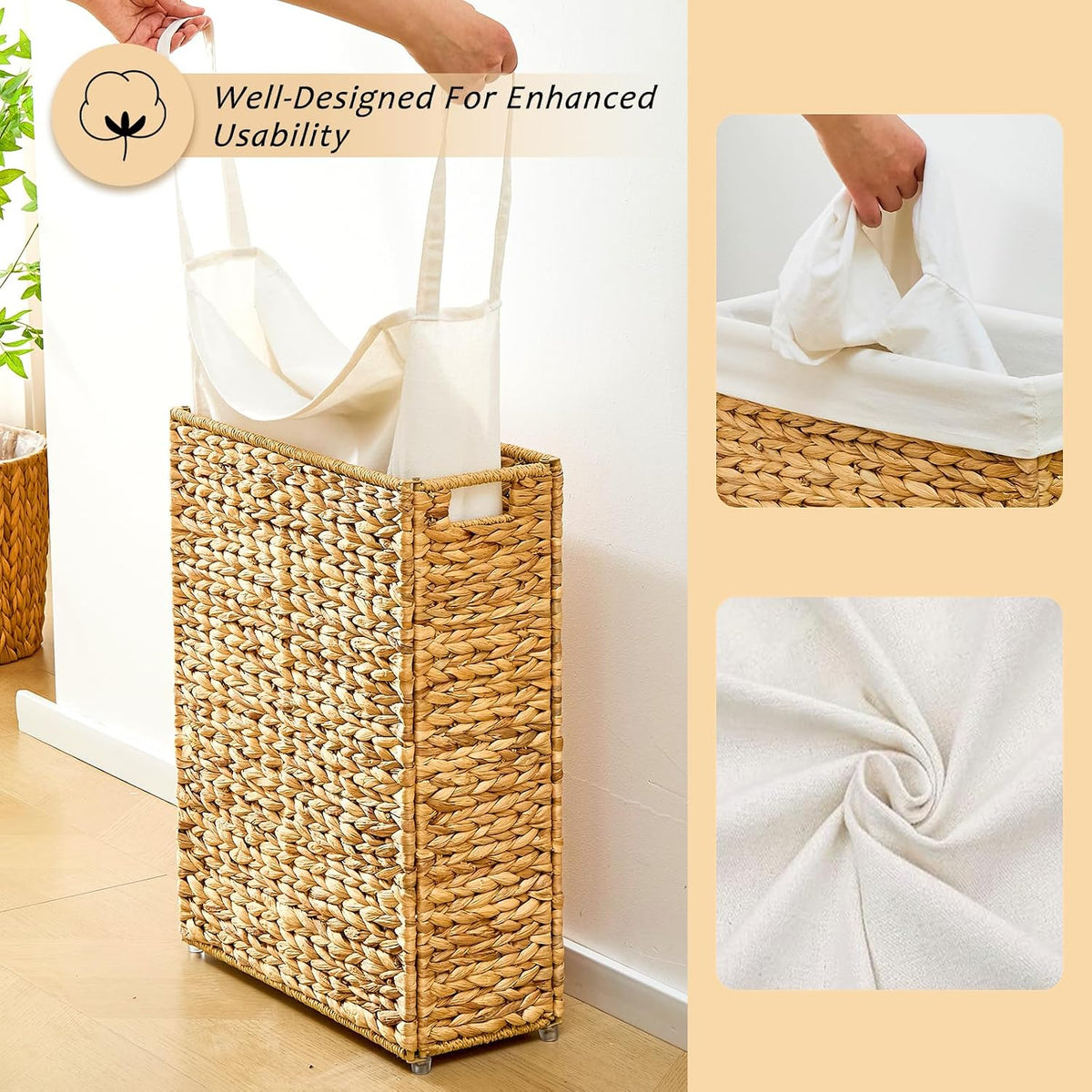 Slim Laundry Hamper, Handwoven Natural Water Hyacinth Basket