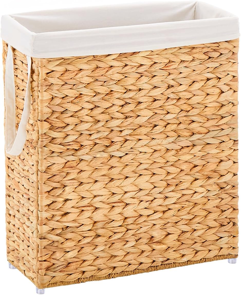 Slim Laundry Hamper, Handwoven Natural Water Hyacinth Basket