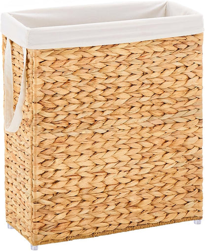 Slim Laundry Hamper, Handwoven Natural Water Hyacinth Basket