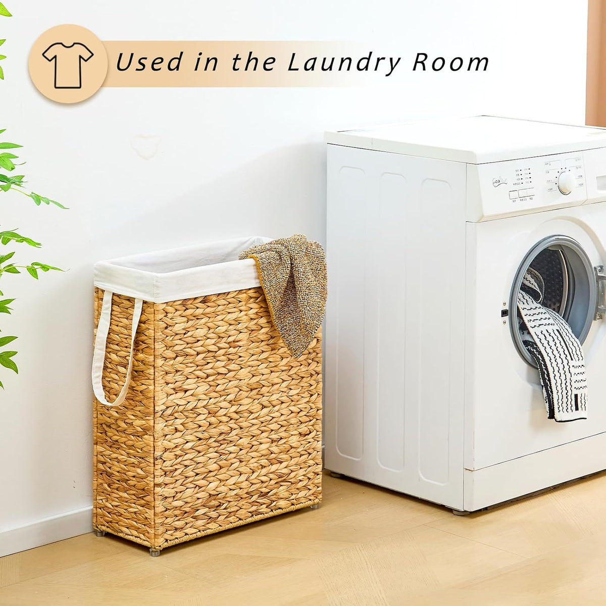 Slim Laundry Hamper, Handwoven Natural Water Hyacinth Basket