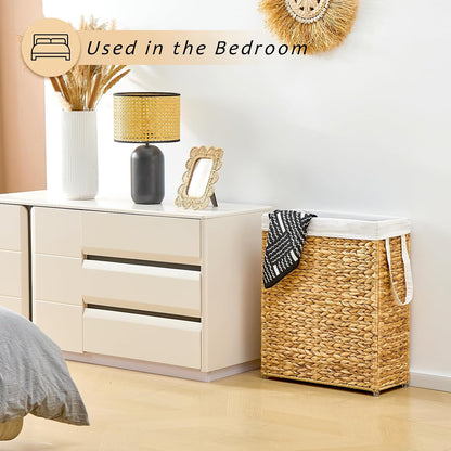 Slim Laundry Hamper, Handwoven Natural Water Hyacinth Basket