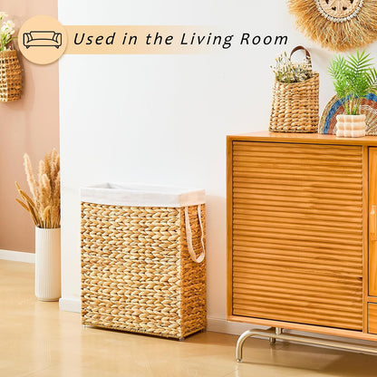 Slim Laundry Hamper, Handwoven Natural Water Hyacinth Basket
