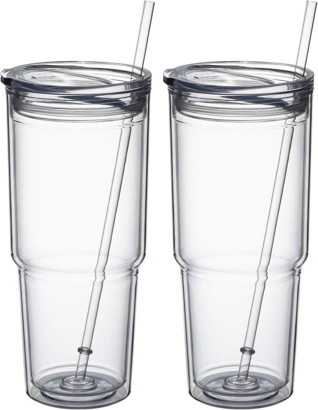 30oz/2 pcs Classic Insulated Tumblers,Double Wall Acrylic Tumbler with Lid，Reusable Plastic Insulated Tumblers with Straw，for cold drinks, sand ice, whatever you like(transparent,2 pack)