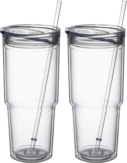 30oz/2 pcs Classic Insulated Tumblers,Double Wall Acrylic Tumbler with Lid，Reusable Plastic Insulated Tumblers with Straw，for cold drinks, sand ice, whatever you like(transparent,2 pack)