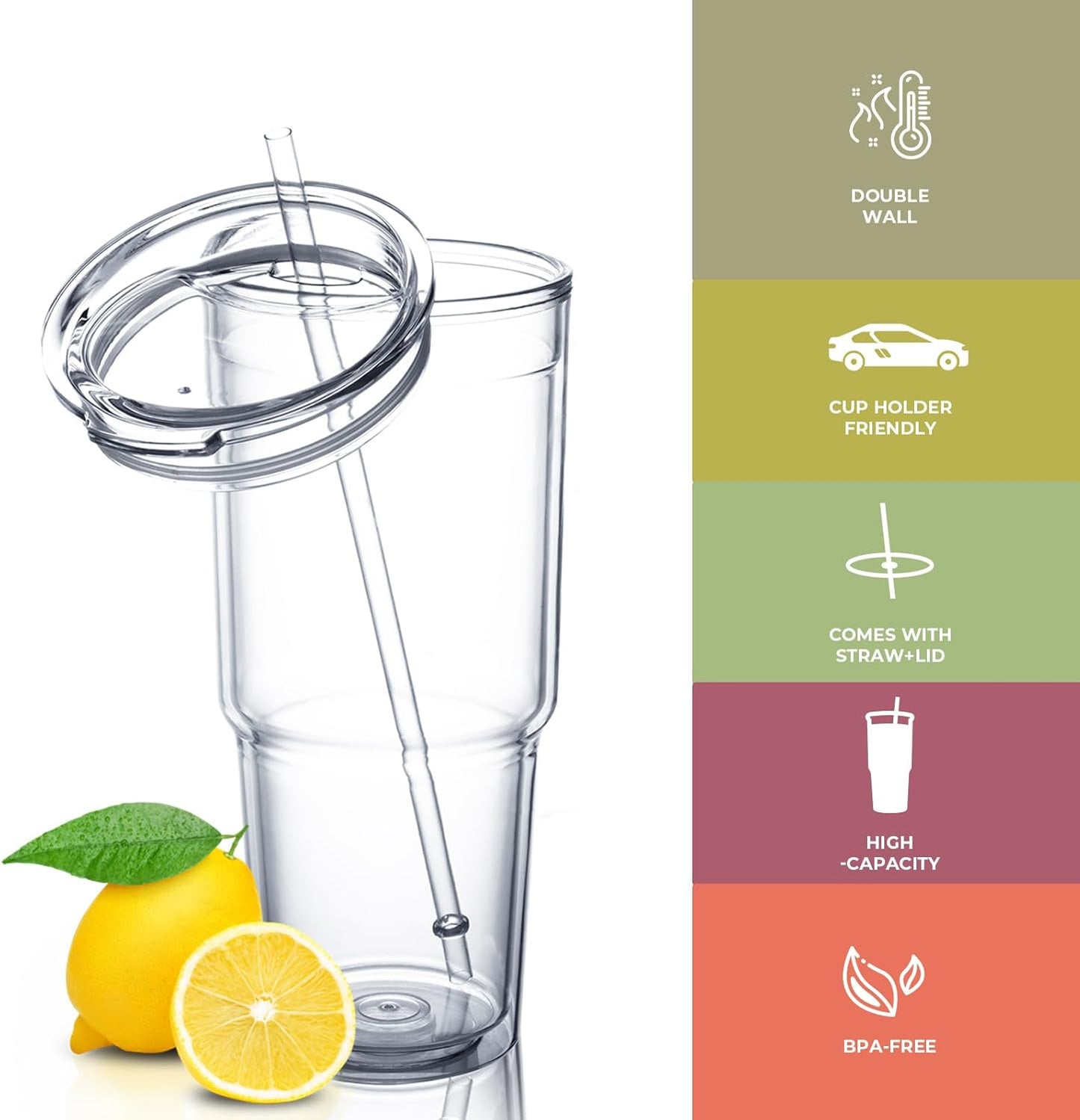 30oz/2 pcs Classic Insulated Tumblers,Double Wall Acrylic Tumbler with Lid，Reusable Plastic Insulated Tumblers with Straw，for cold drinks, sand ice, whatever you like(transparent,2 pack)