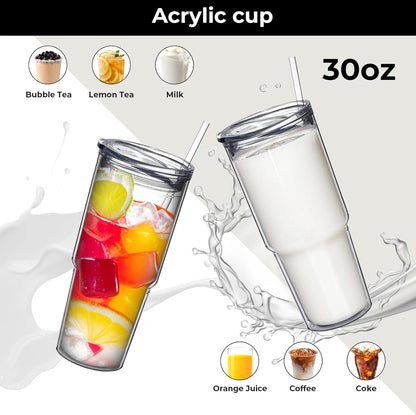 30oz/2 pcs Classic Insulated Tumblers,Double Wall Acrylic Tumbler with Lid，Reusable Plastic Insulated Tumblers with Straw，for cold drinks, sand ice, whatever you like(transparent,2 pack)