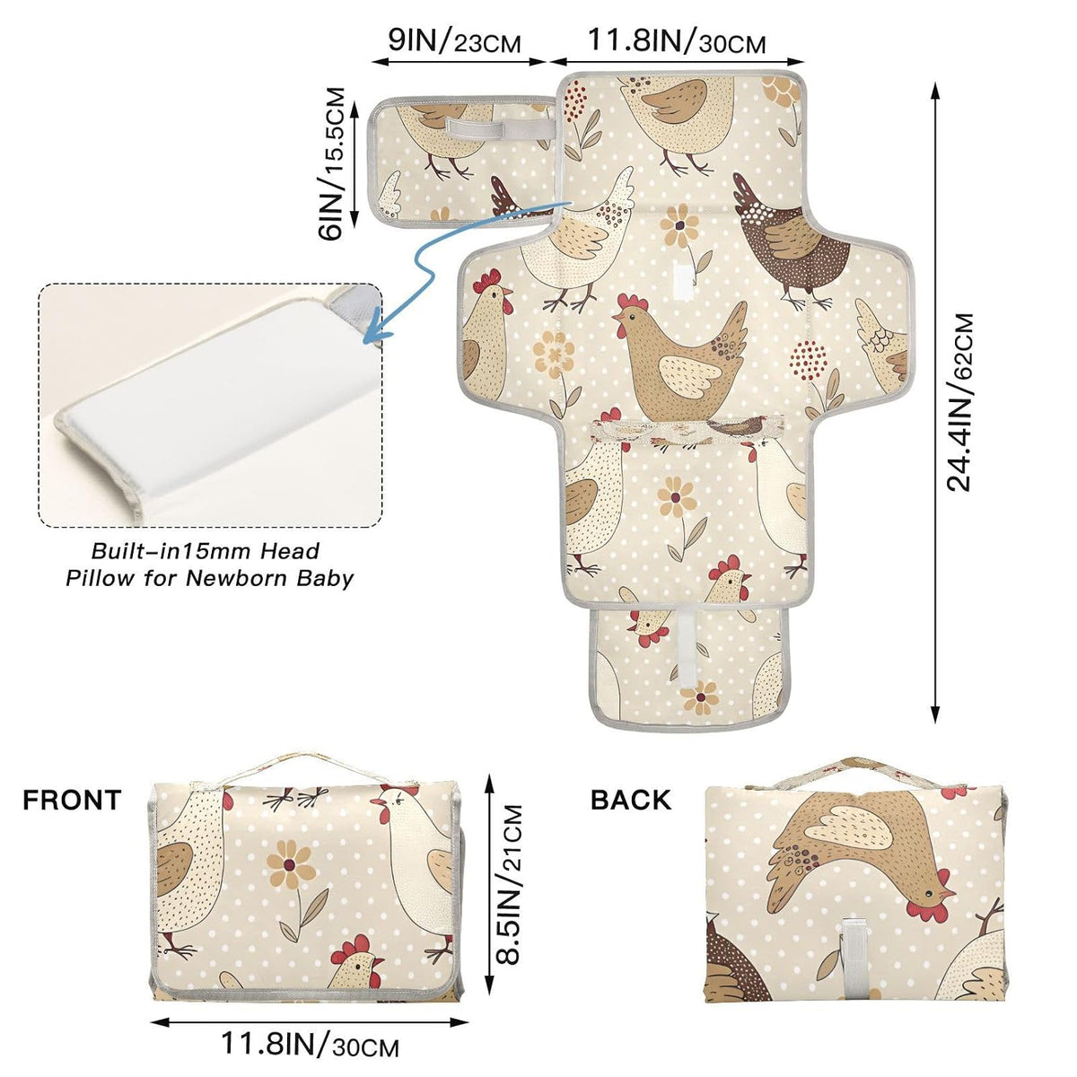 Netural Hens Portable Diaper Changing Pad, Waterproof Baby Changing Mat with Storage Pocket & Built-in Pillow, Foldable Travel Pad, Newborn Gift Set for Boy Girl