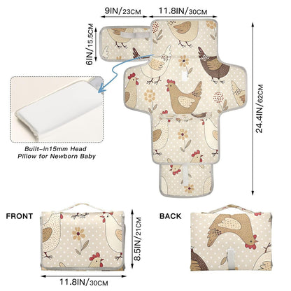 Netural Hens Portable Diaper Changing Pad, Waterproof Baby Changing Mat with Storage Pocket & Built-in Pillow, Foldable Travel Pad, Newborn Gift Set for Boy Girl