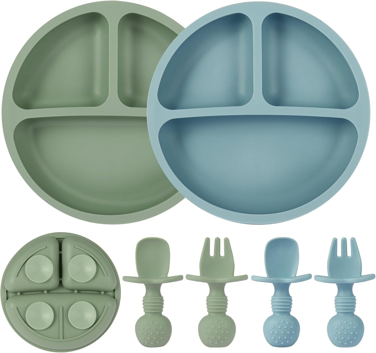 2 Pack Divided Toddler Plates with Suction, Spoons and Forks Set