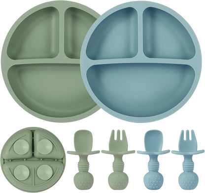 2 Pack Divided Toddler Plates with Suction, Spoons and Forks Set
